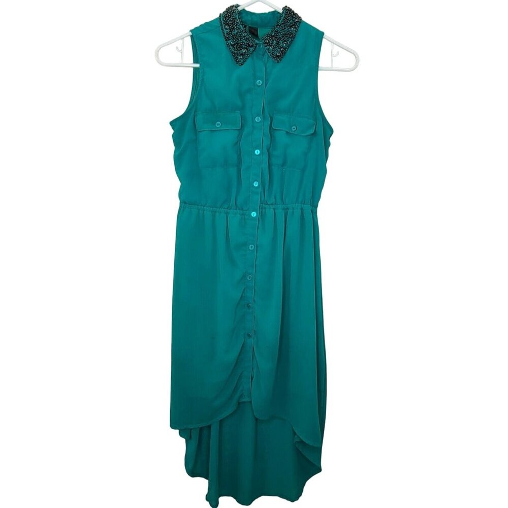 Fun & Flirt Womens Dress Small Teal Green Blue Hi Low Button Up Casual Summer